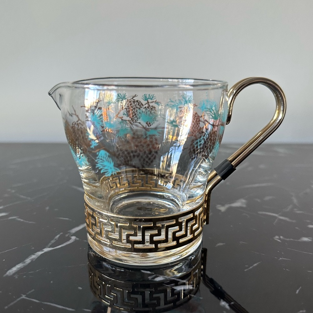 Vintage Libbey Creamer David Douglas Designed Turquoise Gold Glass Pinecone 1960